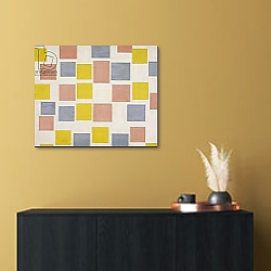 «Composition with colour planes, 1917, by Piet Mondrian, oil on canvas. Netherlands, 20th century.» в интерьере в стиле минимализм над комодом «Composition with colour planes, 1917, by Piet Mondrian, oil on canvas. Netherlands, 20th century.» в интерьере в стиле минимализм над комодом