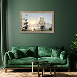 «Boston Harbor, Sunset, 1850-55» в интерьере зеленой гостиной над диваном «Boston Harbor, Sunset, 1850-55» в интерьере зеленой гостиной над диваном