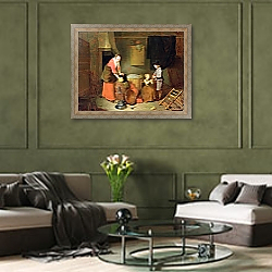 «A Kitchen Interior, 17th century» в интерьере гостиной в оливковых тонах «A Kitchen Interior, 17th century» в интерьере гостиной в оливковых тонах