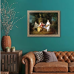 «The Foursome, c.1713» в интерьере гостиной с зеленой стеной над диваном «The Foursome, c.1713» в интерьере гостиной с зеленой стеной над диваном