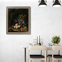 «Still Life with Fruit, Foliage and Insects, c.1669» в интерьере современной столовой над обеденным столом «Still Life with Fruit, Foliage and Insects, c.1669» в интерьере современной столовой над обеденным столом