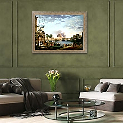 «The Election of the Pope with the Castel St. Angelo, Rome in the background» в интерьере гостиной в оливковых тонах «The Election of the Pope with the Castel St. Angelo, Rome in the background» в интерьере гостиной в оливковых тонах