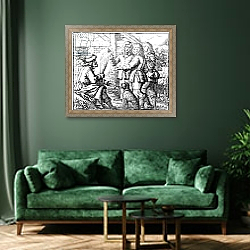 «The Old Man and his Sons, illustration from 'Aesop's Fables', 1666» в интерьере прихожей в зеленых тонах над комодом «The Old Man and his Sons, illustration from 'Aesop's Fables', 1666» в интерьере прихожей в зеленых тонах над комодом