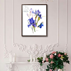 «Iris with blue butterfly, 2016,» в интерьере спальни в стиле прованс над кроватью «Iris with blue butterfly, 2016,» в интерьере спальни в стиле прованс над кроватью