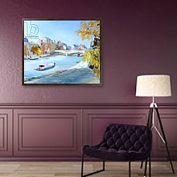 «Barge sailing down the river Seine in Paris» в интерьере в классическом стиле над банкеткой «Barge sailing down the river Seine in Paris» в интерьере в классическом стиле над банкеткой
