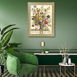 «November, from 'Twelve Months of Flowers' by Robert Furber engraved by Henry Fletcher» в интерьере гостиной в зеленых тонах «November, from 'Twelve Months of Flowers' by Robert Furber engraved by Henry Fletcher» в интерьере гостиной в зеленых тонах