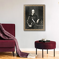 «Portrait of King Charles I from 'Lodge's British Portraits', 1823» в интерьере гостиной в бордовых тонах «Portrait of King Charles I from 'Lodge's British Portraits', 1823» в интерьере гостиной в бордовых тонах