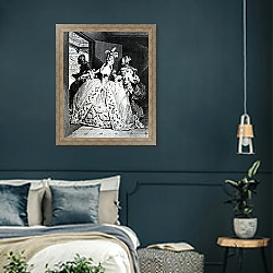 «Farewells, engraved by Robert Delaunay, 1777» в интерьере классической спальни с темными стенами «Farewells, engraved by Robert Delaunay, 1777» в интерьере классической спальни с темными стенами