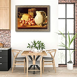 «Still Life with plums, figs, bread and fish» в интерьере кухни с кирпичными стенами над столом «Still Life with plums, figs, bread and fish» в интерьере кухни с кирпичными стенами над столом