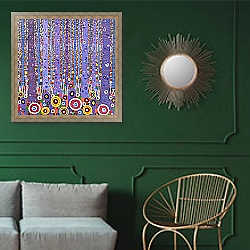 «Purple Forest 1, 2012,» в интерьере классической гостиной с зеленой стеной над диваном «Purple Forest 1, 2012,» в интерьере классической гостиной с зеленой стеной над диваном