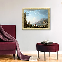 «Morning scene in a bay, 1752» в интерьере гостиной в бордовых тонах «Morning scene in a bay, 1752» в интерьере гостиной в бордовых тонах