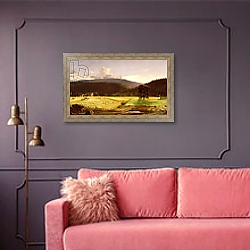 «Bareford Mountains, West Milford, New Jersey, 1850» в интерьере гостиной с розовым диваном «Bareford Mountains, West Milford, New Jersey, 1850» в интерьере гостиной с розовым диваном