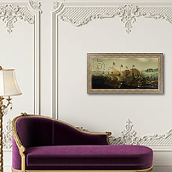 «A Sea Action, possibly the Battle of Cadiz, 1596» в интерьере в классическом стиле над банкеткой «A Sea Action, possibly the Battle of Cadiz, 1596» в интерьере в классическом стиле над банкеткой