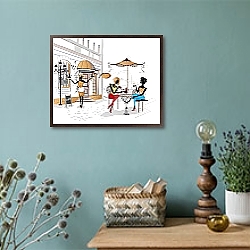 «Series of the streets with people in the old city. Waiters serve the tables. Street cafe.» в интерьере комнаты в стиле ретро с плетеными корзинами «Series of the streets with people in the old city. Waiters serve the tables. Street cafe.» в интерьере комнаты в стиле ретро с плетеными корзинами