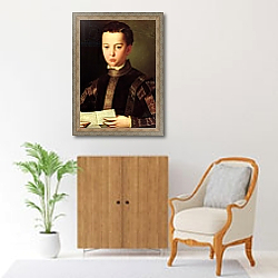 «Portrait of Francesco I de' Medici as a Young Boy, 1551» в интерьере гостиной в бордовых тонах «Portrait of Francesco I de' Medici as a Young Boy, 1551» в интерьере гостиной в бордовых тонах