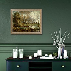 «Salisbury Cathedral From the Meadows, 1831» в интерьере прихожей в зеленых тонах над комодом «Salisbury Cathedral From the Meadows, 1831» в интерьере прихожей в зеленых тонах над комодом