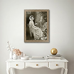 «Lady Hamilton as The Spinster, engraved by Thomas Cheesman, 1901» в интерьере прихожей в зеленых тонах над комодом «Lady Hamilton as The Spinster, engraved by Thomas Cheesman, 1901» в интерьере прихожей в зеленых тонах над комодом