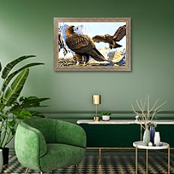 «King of Birds, from 'Nature Wonderland', 1970» в интерьере гостиной в зеленых тонах «King of Birds, from 'Nature Wonderland', 1970» в интерьере гостиной в зеленых тонах