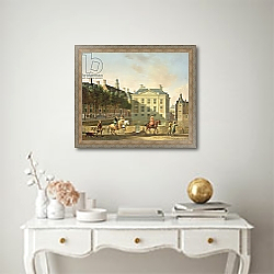 «The Mauritshuis from the Langevijverburg, the Hague, with hawking party in the foreground» в интерьере в классическом стиле над столом «The Mauritshuis from the Langevijverburg, the Hague, with hawking party in the foreground» в интерьере в классическом стиле над столом