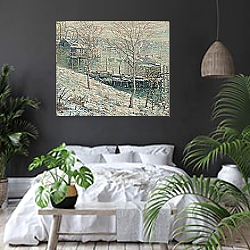 «Harlem River Winter Scene, c.1910» в интерьере современной гостиной над синим диваном «Harlem River Winter Scene, c.1910» в интерьере современной гостиной над синим диваном