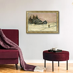 «Winter Landscape with two wooden Huts» в интерьере классической спальни с темными стенами «Winter Landscape with two wooden Huts» в интерьере классической спальни с темными стенами