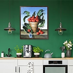 «Cherries in terracotta with blue flower» в интерьере кухни в серых тонах «Cherries in terracotta with blue flower» в интерьере кухни в серых тонах