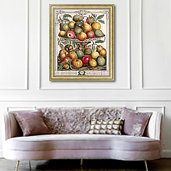 «February, from 'Twelve Months of Fruits', by Robert Furber engraved by James Smith, 1732» в интерьере гостиной в классическом стиле над диваном «February, from 'Twelve Months of Fruits', by Robert Furber engraved by James Smith, 1732» в интерьере гостиной в классическом стиле над диваном