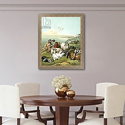 «Children playing with sheep and goats on white cliffs» в интерьере классической спальни с темными стенами «Children playing with sheep and goats on white cliffs» в интерьере классической спальни с темными стенами