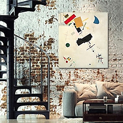 «Suprematist Composition No.56, 1936» в интерьере двухярусной гостиной в стиле лофт с кирпичной стеной «Suprematist Composition No.56, 1936» в интерьере двухярусной гостиной в стиле лофт с кирпичной стеной