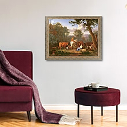 «Landscape with Cattle and Figures, 1664» в интерьере гостиной в бордовых тонах «Landscape with Cattle and Figures, 1664» в интерьере гостиной в бордовых тонах