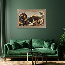 «Bear Hunt or, Battle Between Dogs and Bears» в интерьере классической гостиной с зеленой стеной над диваном «Bear Hunt or, Battle Between Dogs and Bears» в интерьере классической гостиной с зеленой стеной над диваном