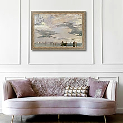 «View of the Lagoon near Venice, 1826» в интерьере гостиной с зеленой стеной над диваном «View of the Lagoon near Venice, 1826» в интерьере гостиной с зеленой стеной над диваном