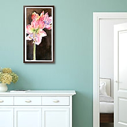 «Amaryllis with brown background, 2015,» в интерьере спальни в стиле прованс с голубыми деталями «Amaryllis with brown background, 2015,» в интерьере спальни в стиле прованс с голубыми деталями