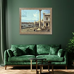 «The Bacino di San Marco and The Church of Santa Maria della Salute, Venice, from the Piazzetta» в интерьере зеленой гостиной над диваном «The Bacino di San Marco and The Church of Santa Maria della Salute, Venice, from the Piazzetta» в интерьере зеленой гостиной над диваном