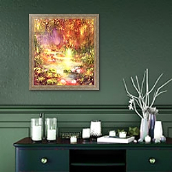 «Tropical Scenery, 1990» в интерьере прихожей в зеленых тонах над комодом «Tropical Scenery, 1990» в интерьере прихожей в зеленых тонах над комодом