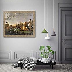 «A Distant View of Dordrecht with Sleeping Herdsman and Five Cows, c.1650-52» в интерьере спальни с акцентной стеной «A Distant View of Dordrecht with Sleeping Herdsman and Five Cows, c.1650-52» в интерьере спальни с акцентной стеной