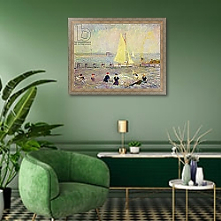 «Seascape with Two Sailboats and Six Bathers» в интерьере гостиной в зеленых тонах «Seascape with Two Sailboats and Six Bathers» в интерьере гостиной в зеленых тонах