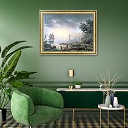 «Seaport at Dawn, 1751» в интерьере гостиной в зеленых тонах «Seaport at Dawn, 1751» в интерьере гостиной в зеленых тонах