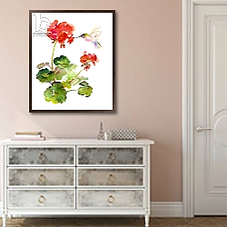 «Hummingbird with Geranium, 2015,» в интерьере спальни в стиле прованс с синими деталями «Hummingbird with Geranium, 2015,» в интерьере спальни в стиле прованс с синими деталями