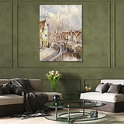 «A View of Amiens, with the Cathedral in the distance» в интерьере гостиной с розовым диваном «A View of Amiens, with the Cathedral in the distance» в интерьере гостиной с розовым диваном
