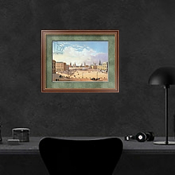 «The Theatre Square in Moscow, printed by Jacottet and Bachelier, 1830s» в интерьере кабинета в черных цветах над столом «The Theatre Square in Moscow, printed by Jacottet and Bachelier, 1830s» в интерьере кабинета в черных цветах над столом