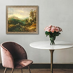 «Mountain landscape with bridge, c.1783-1784» в интерьере в классическом стиле над креслом «Mountain landscape with bridge, c.1783-1784» в интерьере в классическом стиле над креслом