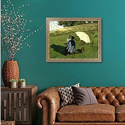 «Desire Dubois Painting in the Open Air, c.1852» в интерьере гостиной с зеленой стеной над диваном «Desire Dubois Painting in the Open Air, c.1852» в интерьере гостиной с зеленой стеной над диваном