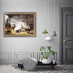 «Sheep, Rabbits and a Chicken in a Barn, 1859» в интерьере зеленой гостиной над диваном «Sheep, Rabbits and a Chicken in a Barn, 1859» в интерьере зеленой гостиной над диваном