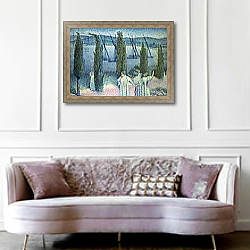 «Coastal View with Cypress Trees, 1896» в интерьере гостиной в классическом стиле над диваном «Coastal View with Cypress Trees, 1896» в интерьере гостиной в классическом стиле над диваном