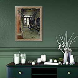 «In the Vinegar Factory in Hamburg, 1891» в интерьере прихожей в зеленых тонах над комодом «In the Vinegar Factory in Hamburg, 1891» в интерьере прихожей в зеленых тонах над комодом