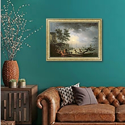 «Sunrise, A Coastal Scene with Figures around a Fire, 1760» в интерьере гостиной с зеленой стеной над диваном «Sunrise, A Coastal Scene with Figures around a Fire, 1760» в интерьере гостиной с зеленой стеной над диваном