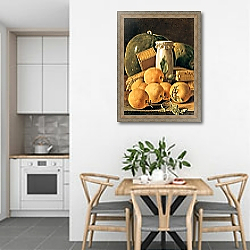 «Still Life of Oranges, Watermelon, a Pot and Boxes of Cake» в интерьере кухни в светлых тонах над обеденным столом «Still Life of Oranges, Watermelon, a Pot and Boxes of Cake» в интерьере кухни в светлых тонах над обеденным столом