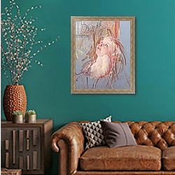 «Young Child in its Mother's Arms» в интерьере гостиной с зеленой стеной над диваном «Young Child in its Mother's Arms» в интерьере гостиной с зеленой стеной над диваном