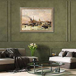 «Shipping on the Thames Below St. Paul's, 1930» в интерьере гостиной в оливковых тонах «Shipping on the Thames Below St. Paul's, 1930» в интерьере гостиной в оливковых тонах
